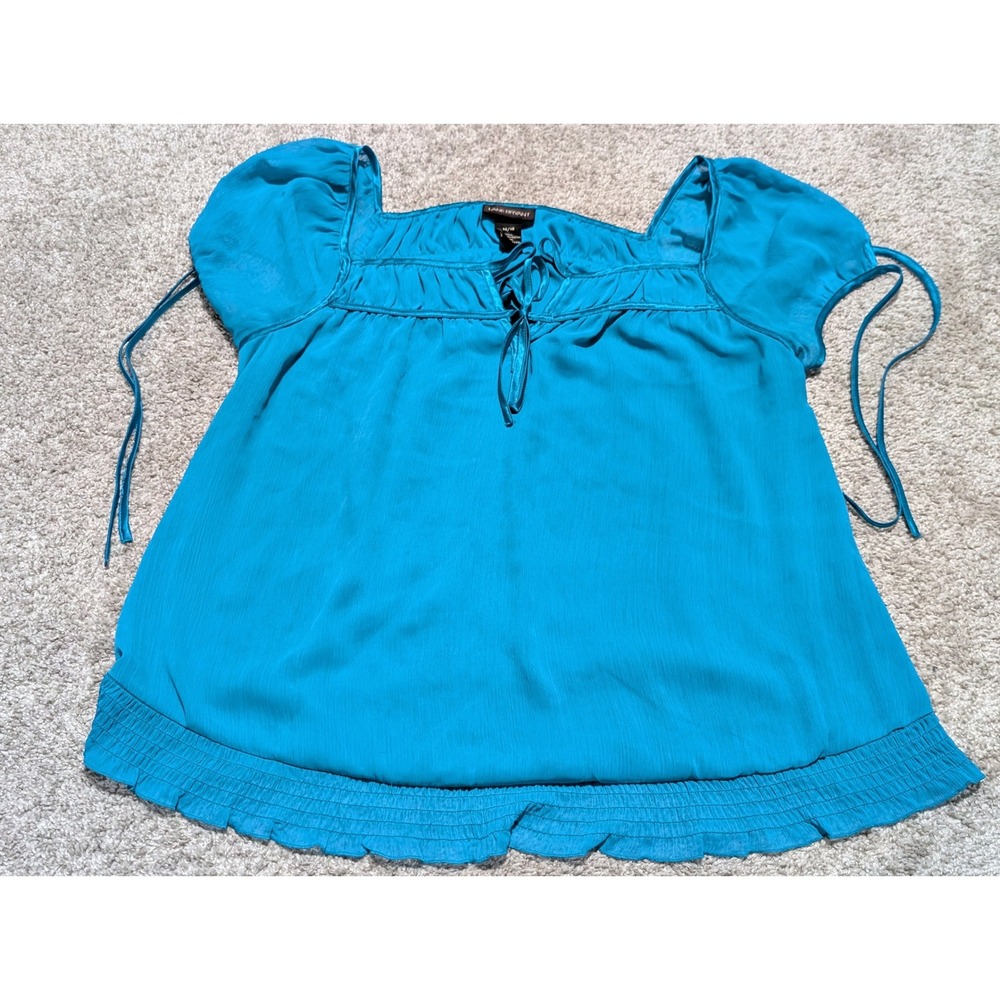 Lane Bryant Turquoise Smocked Hem Tie Neck Blouse Milk‎ Maid  Size 14 16